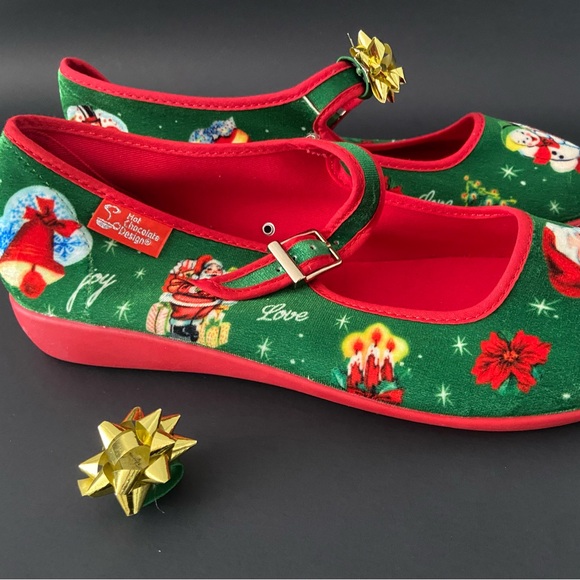 “Christmas Joy Chocolaticas Mary Jane Flats Size 9 with Xmas Bows Accessories” - Picture 3 of 5